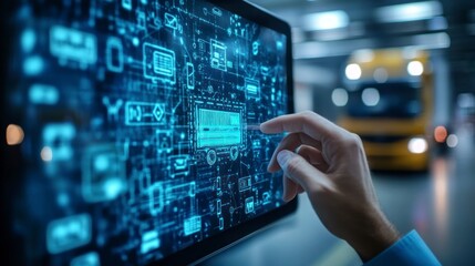 Businessman Pressing Virtual Touchscreen Button in Modern Digital Interface with Truck in Background