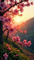 Golden light of sunrise illuminates sakura and Fuji, flowers, greenery
