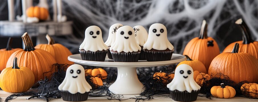 Delicious halloween cupcakes decorated with ghost shaped icing on table