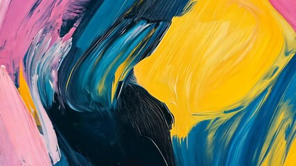 Colorful abstract painting showcasing vibrant brush strokes in blue, yellow, and pink - Powered by Adobe