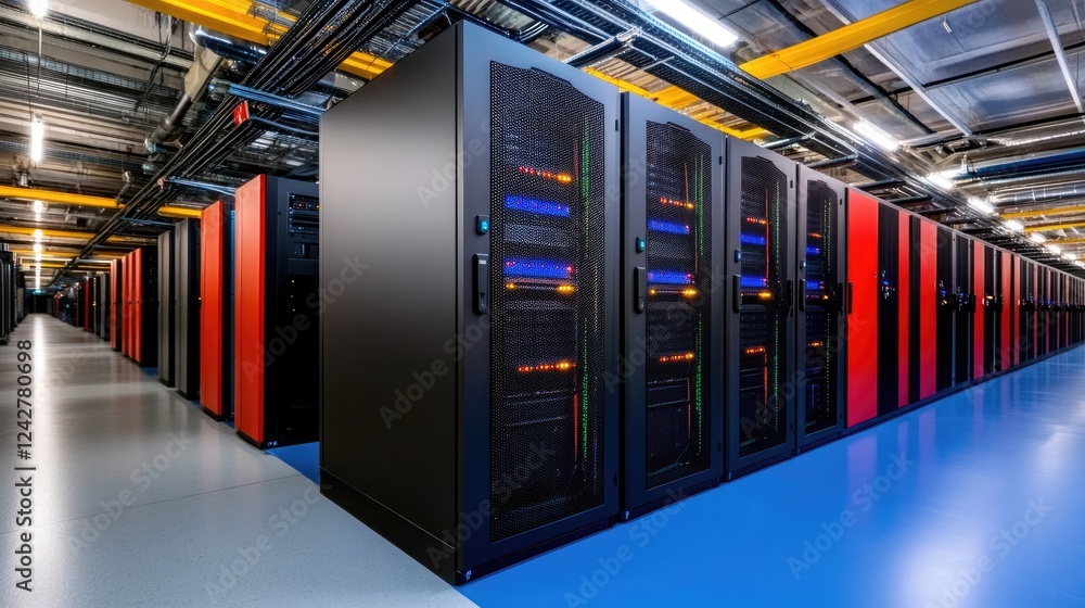 Poster data center operations technology hub digital infrastructure modern environment wide-angle view effi
