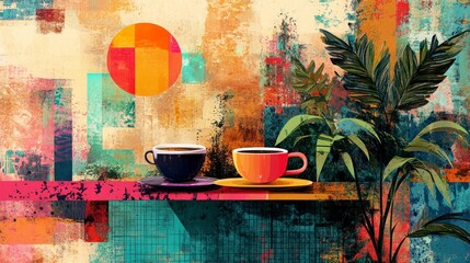 Cozy Contemporary Digital Art Collage Featuring Colorful Cups of Coffee and Vibrant Abstract Background