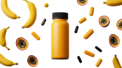 Colorful fruit scene with a vibrant juice bottle surrounded by ripe bananas and passionfruit.