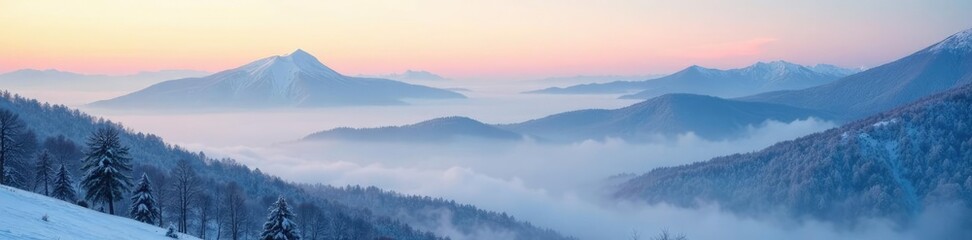 Obraz premium A tranquil winter morning with mist on a serene mountain, morning, foggy