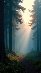 Fototapeta premium A soft white gradient envelops a forested scene at dusk, ambiance, trees