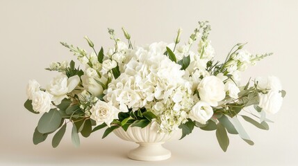 A stunning bouquet featuring white roses, hydrangeas, and delicate greenery, arranged artfully in an ornate vase, perfect for celebrations or peaceful decor