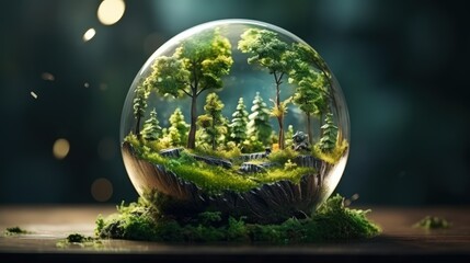Lush Green Forest Encased in a Glass Globe Capturing the Beauty of Nature on Earth Day, Symbolizing Environmental Awareness and Preservation