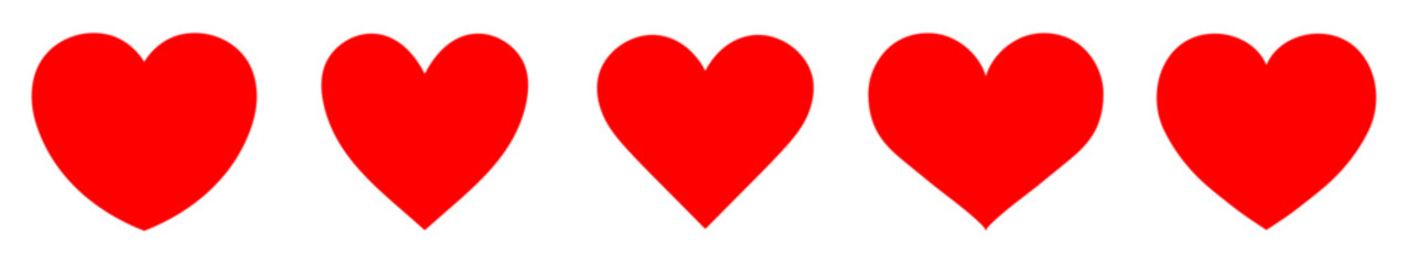 Heart icons. Set of five black hearts vector icon set isolated. Black hearts symbol, love sign, heartbeat silhouette, heart pictograms isolated set. Flat design. Vector illustration.