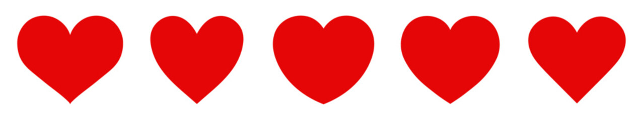 Set of five red hearts vector icon set isolated. Heart icons. Red hearts symbol, love sign, heartbeat silhouette, heart pictograms isolated set. Vector illustration. Flat design.