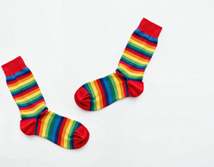 AI image of two colorful rainbow-striped socks with red cuffs, laid out on a plain white background, creating a cheerful and whimsical fashion or lifestyle image.