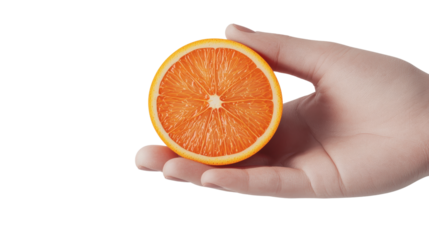 A hand holding a fresh orange slice, showcasing its juicy and vibrant texture.