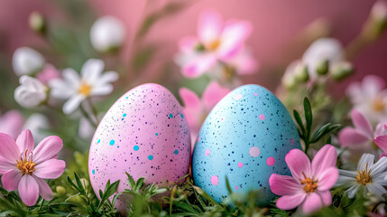 Easter eggs with blue and pink specks among spring flowers. Colorful composition for a festive Easter mood.