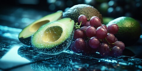 Scientific projection illuminating fresh avocados and grapes on futuristic surface