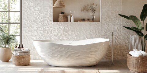 Modern Bathroom Featuring a Wave Textured Freestanding Tub