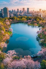 Fototapeta premium Aerial view of the serene lakeside in a city, with towering skyscrapers and blooming cherry blossom trees around. Colorful spring sky, clear blue water reflecting the cityscape