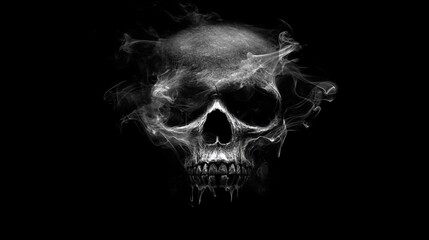 Smoky skull in grayscale on black background.