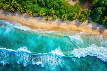Aerial View Turquoise Ocean Wave Crashing on Tropical Beach - Stunning Top-Down Stock Photo