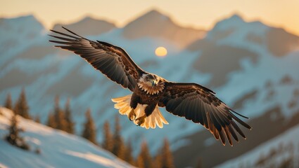 Majestic eagle soaring over snow-covered mountains at sunset with golden light illuminating rugged peaks