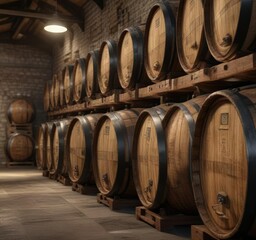 Wooden casks filled with whisky at the distillery, craft, cellar, distillery, storage, aging