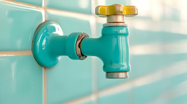 Teal faucet on turquoise tile wall