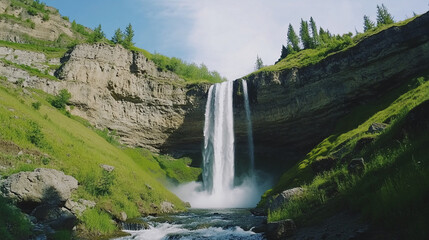 Fototapeta premium Majestic waterfall cascading over rocky cliffs surrounded by lush green landscape, symbolizing the raw beauty of nature, tranquility, and the power of water in the wild.