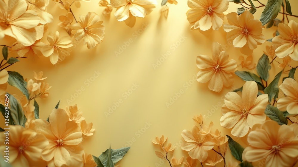 Poster fresh yellow background with blank center surrounded by delicate flowers for composition and design 