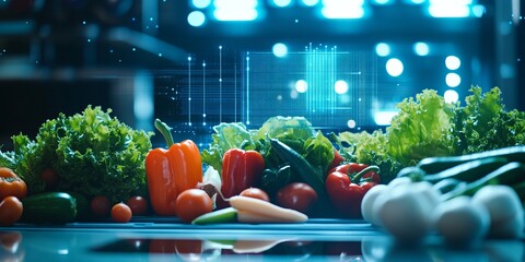Food laboratory analyzing fresh vegetables with futuristic technology