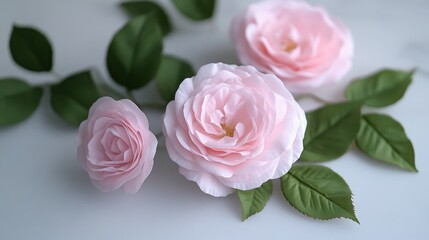 A soft pink rose with slightly open petals, paired with fresh green leaves on a clean white surface.