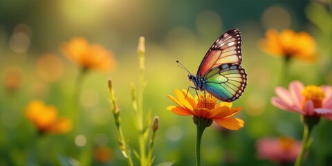 A vibrant iridescent butterfly delicately perched atop a bright orange flower in a sun-drenched meadow, surrounded by a bokeh of colorful blossoms.
