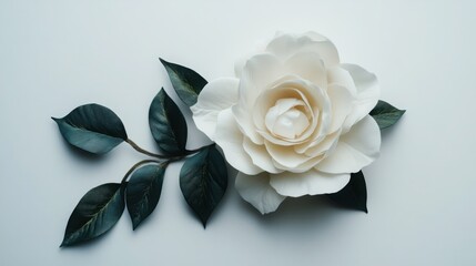 Fototapeta premium A beautiful white rose with natural green leaves, highlighted on a crisp white background. --ar 16:9