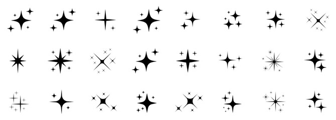 Sparkle star icons black color. Shine icons. Stars sparkles vector icons set isolated on a white background. Flat style. Vector illustration.
