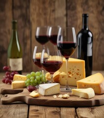 Wine glasses and cheese assortment on a rustic wooden table, pairing, assortment
