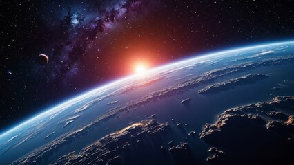 Obraz premium Cosmic sunrise over a planet with stars and galaxies in the vast universe