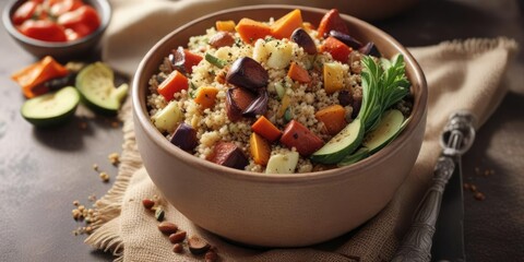 Fototapeta premium Wholesome bowl of quinoa with roasted vegetables and lean protein, quinoa, lean protein, vegetable platter