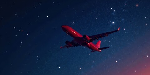 Naklejka premium Crimson Jet Ascending Through a Starry Night Sky, A Celestial Voyage of Air Travel