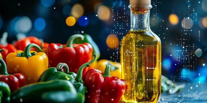 Colorful bell peppers and oil bottle with futuristic digital overlay promoting healthy food and scientific research
