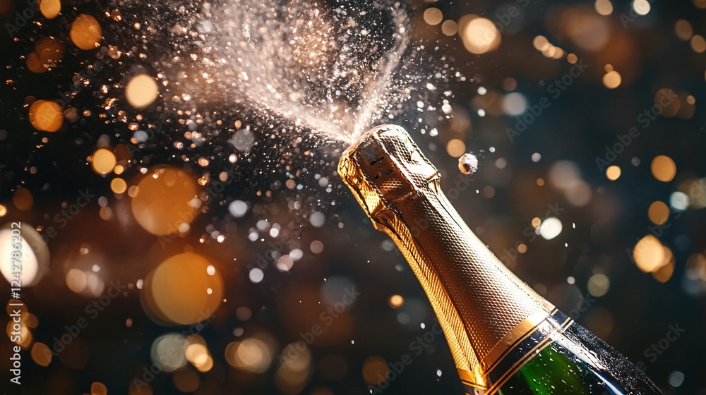 Poster Champagne bottle exploding with golden bubbles on festive background