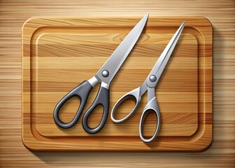 Double Exposure: Sharp Scissors & Knife on Rustic Wooden Chopping Block