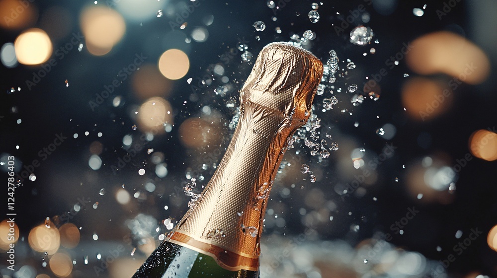 Poster Champagne bottle uncorking with sparkling wine splashing everywhere