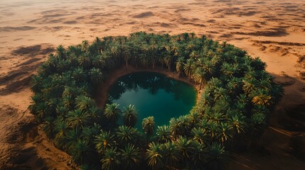 Lush oasis surrounded by sandy terrain, serene turquoise water, ideal for relaxation and nature exploration.