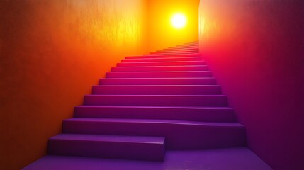 Fototapeta premium A set of purple stairs leading towards a bright yellow light at the end of a narrow hallway.