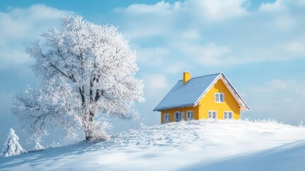 Naklejka premium Winter Wonderland: A Yellow House nestled in a Snowy Landscape