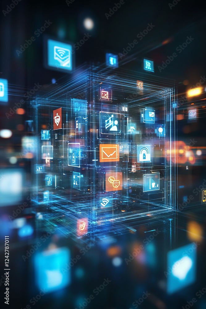 Poster Digital data visualization with colorful icons and futuristic interface, representing technology, communication, and information flow in the modern digital world.