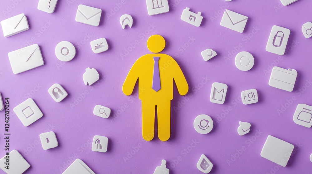 Poster Business professional icons illustrating communication and networking concepts in a colorful modern workspace