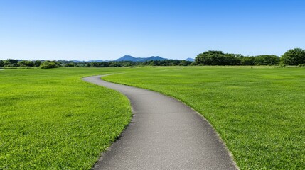 Obraz premium Scenic curved pathway through lush green field nature landscape bright sunny day peaceful atmosphere