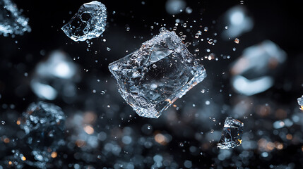Shattered glass fragments floating in midair against a dark background, captured in high-speed photography with stunning 2K detail.