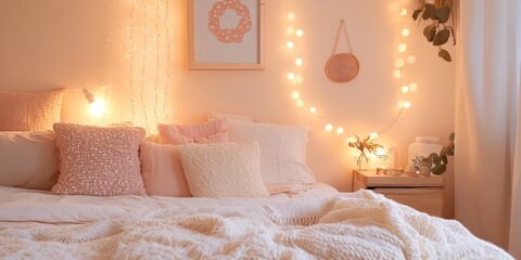 Cozy bedroom with warm lighting and soft textures