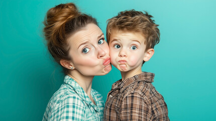 A woman and a boy are kissing each other