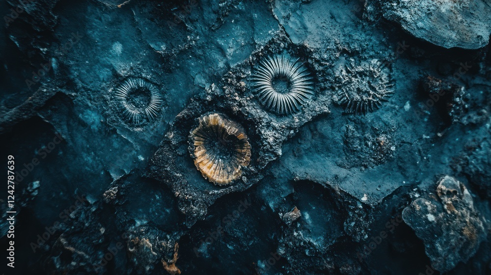 Poster Fossilized Circular Organisms Embedded In Dark Rock