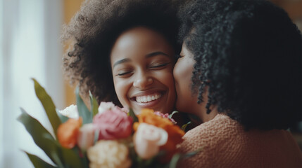 Naklejka premium Two women hugging each other and one of them is holding a bouquet of flowers